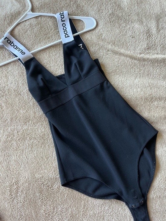 Paco Rabanne Tops - Paco Rabanne Logo Strap Bodysuit | Black V-Neck bodysuit